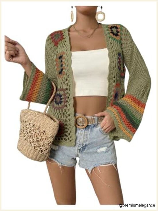 Sweaters - Floral Crochet Hollow Out Open Front Long Sleeve Cardigan Sweater